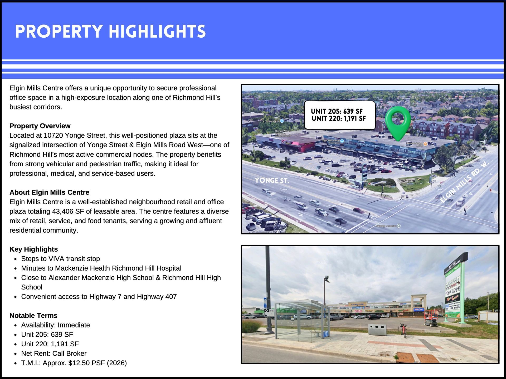 A real estate brochure for Mill Mills Centre, featuring property highlights, location details, and photos of the building.