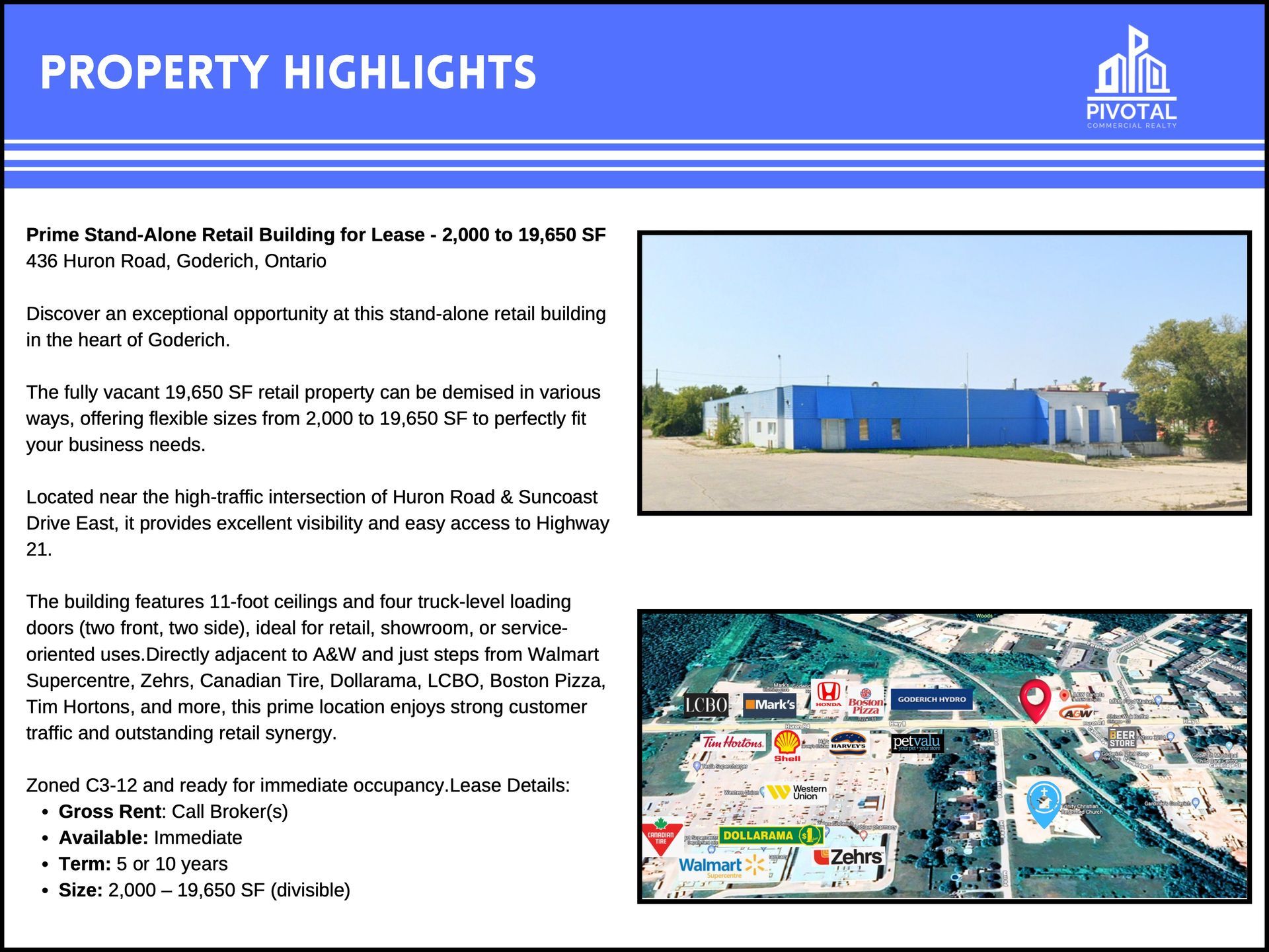Real estate flyer for a blue retail building at 830 Green Road, Simcoe, featuring location details and unit sizes.
