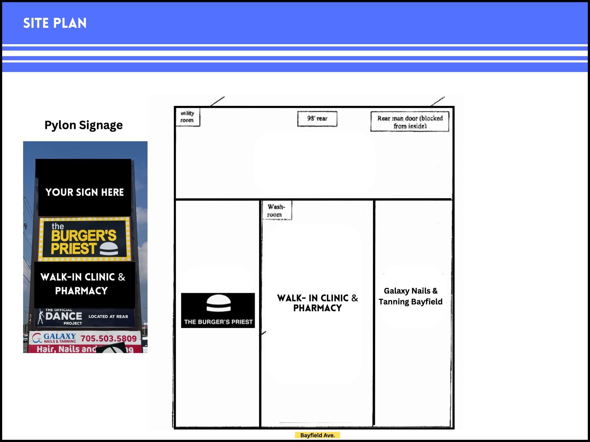 Site plan showing pylon signage and three business units, including The Burger’s Priest, a clinic, and a pharmacy.