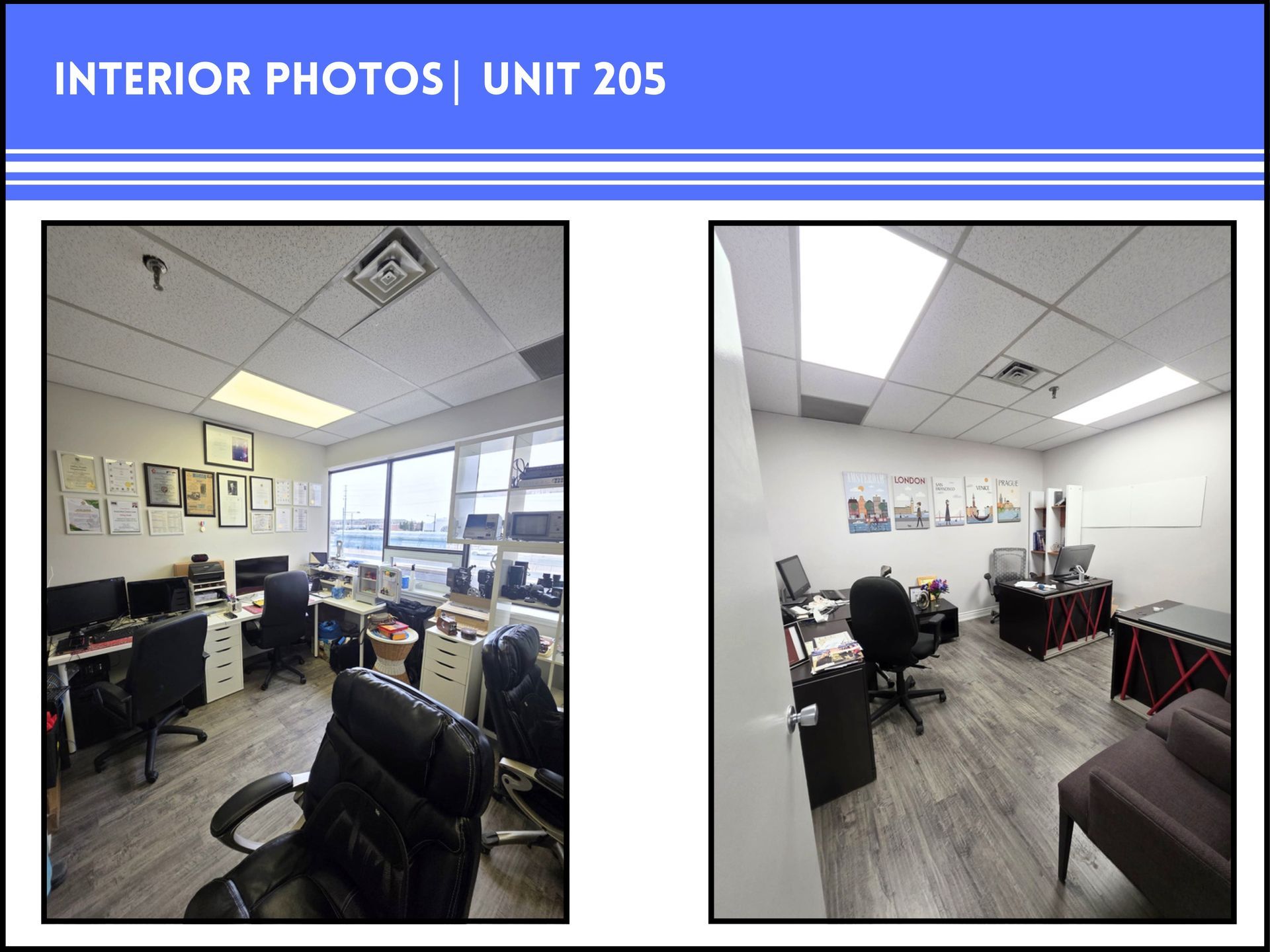 Two interior photos of office Unit 205, showing desks, office chairs, and wood-look flooring under drop ceilings.