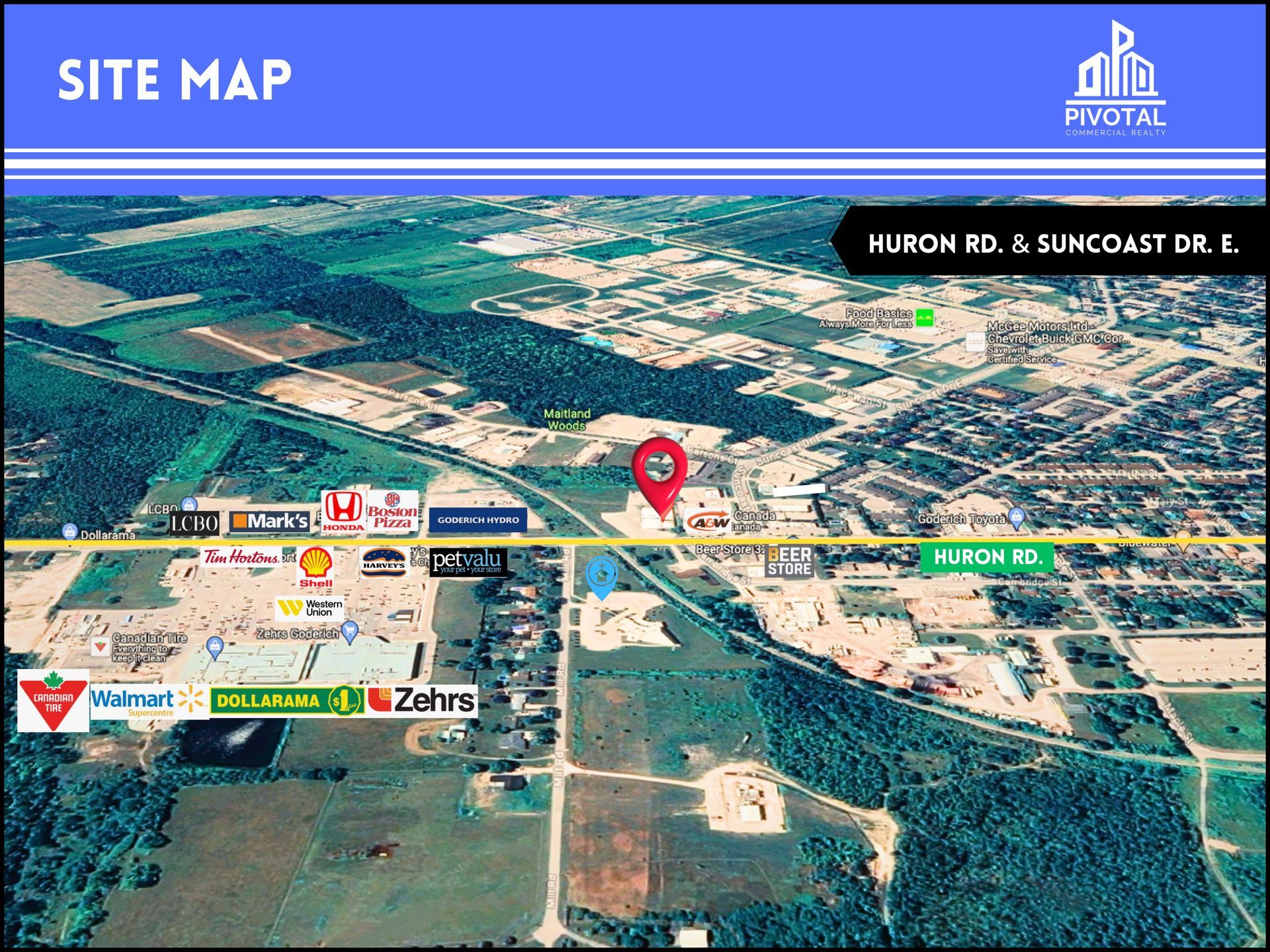Aerial view site map of Huron Rd. and Suncoast Dr. E. showing local retail stores and commercial points of interest.