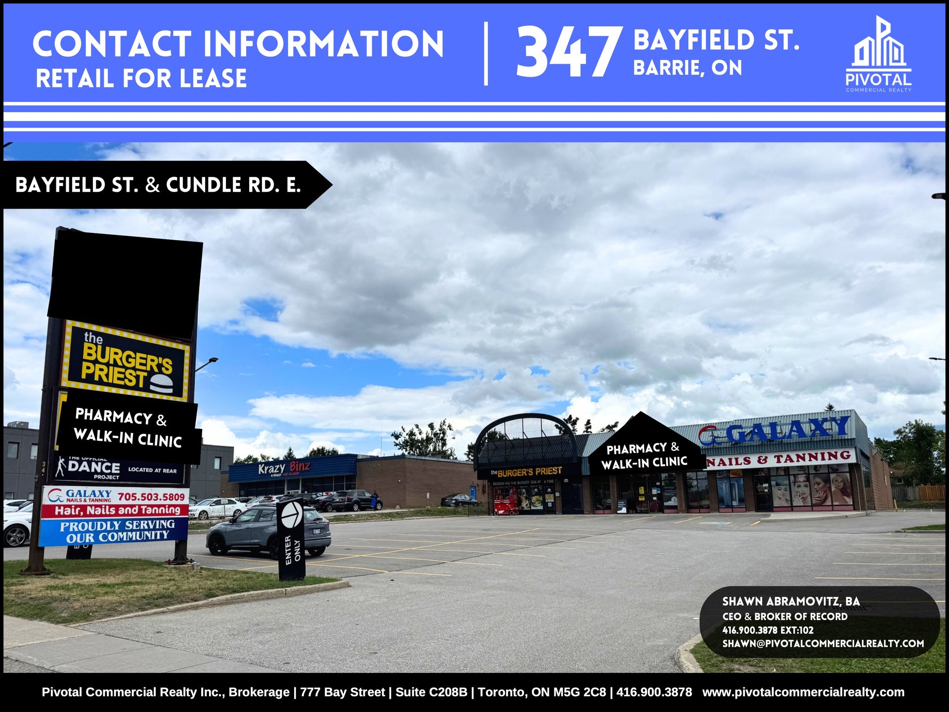 Commercial real estate listing for 347 Bayfield St, Barrie, showing a retail plaza with parking and a sign pole.