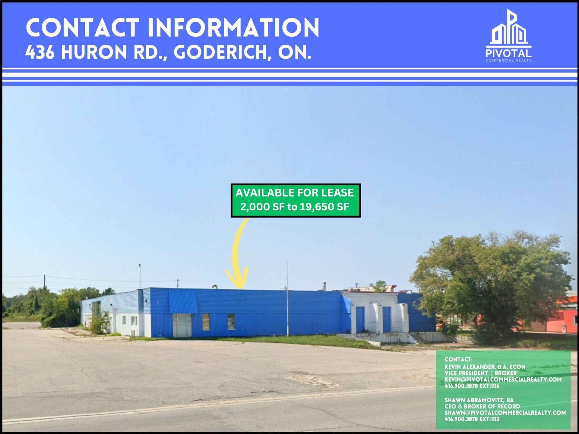 Blue industrial building in Goderich, ON, with a sign indicating 2,000 to 18,460 square feet available for lease.