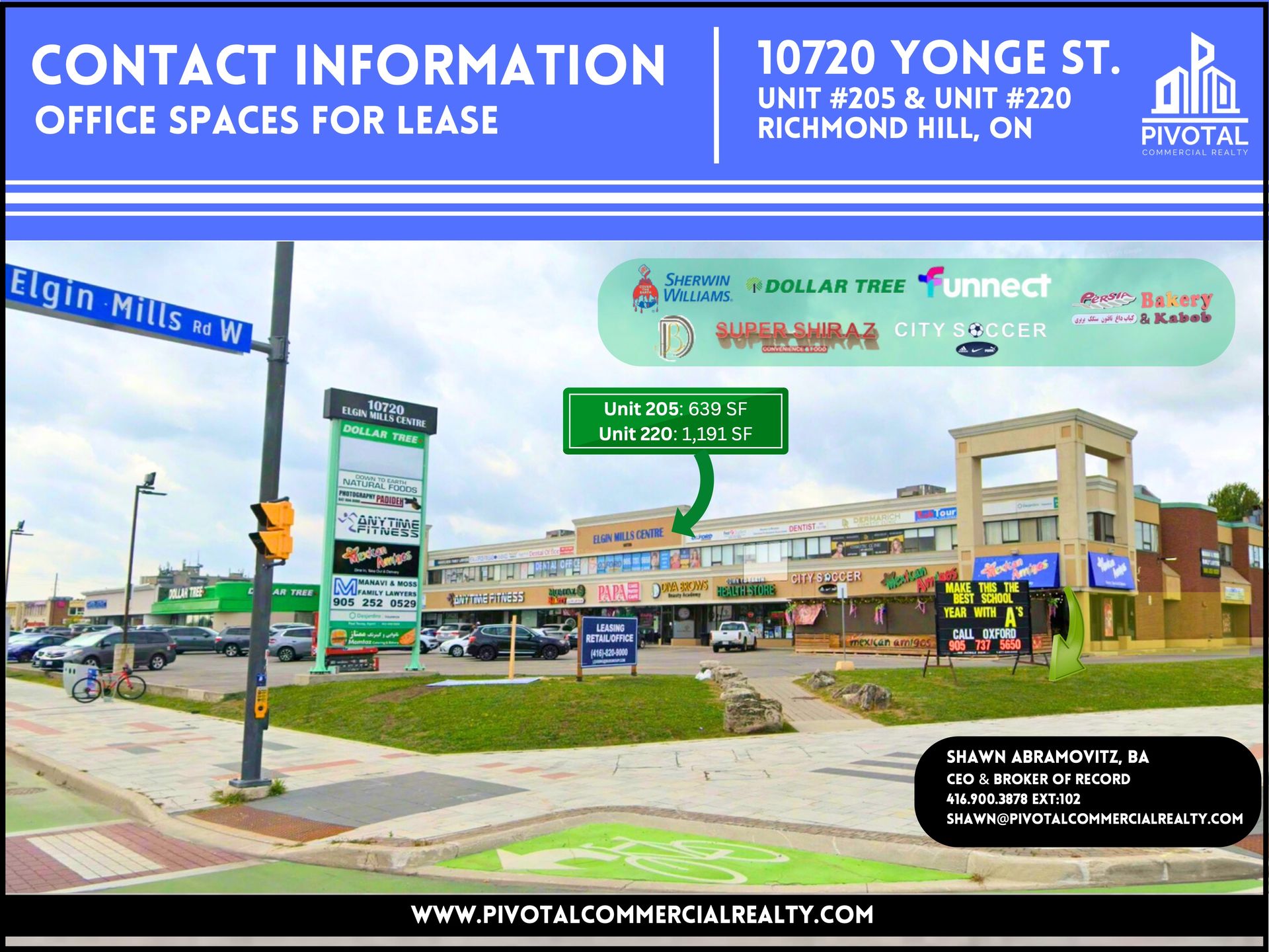 A commercial real estate sign for office spaces for lease at 10720 Yonge St, Richmond Hill, ON, showing the building.