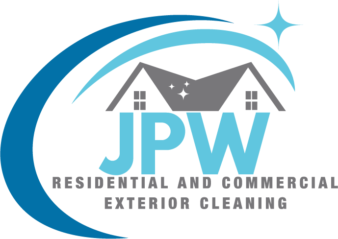 Logo for JPW Residential and Commercial Exterior Cleaning: house graphic, blue and gray accents.