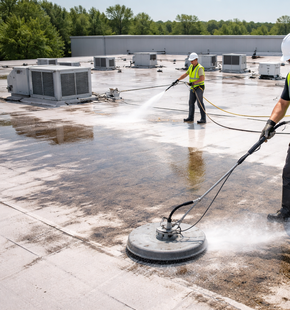 Two workers pressure washing a commercial rooftop, one using a surface cleaner, sunny day.