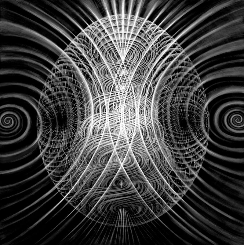 A painting of a circle with swirls around it