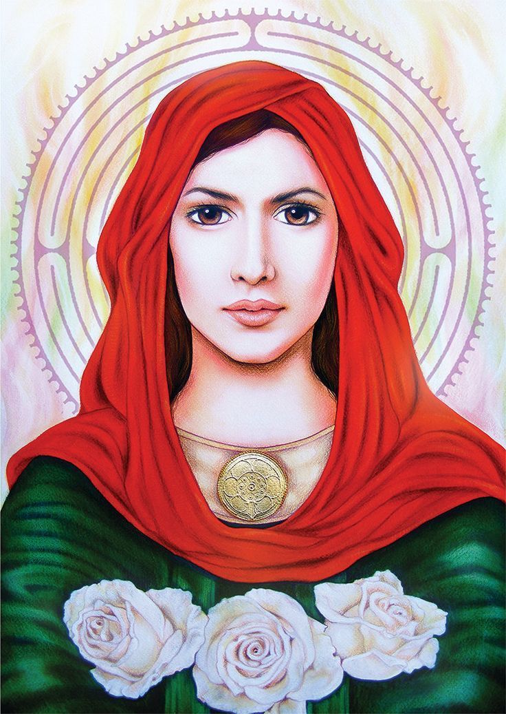 A painting of a woman wearing a red scarf and white roses