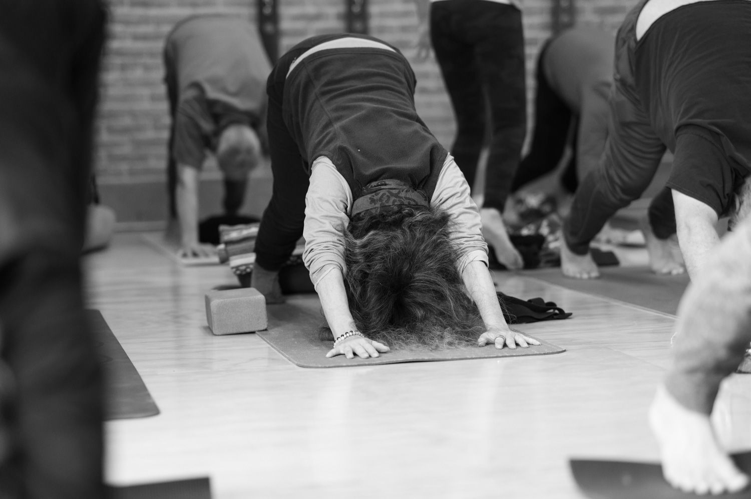 A group of people are doing yoga in a gym.
