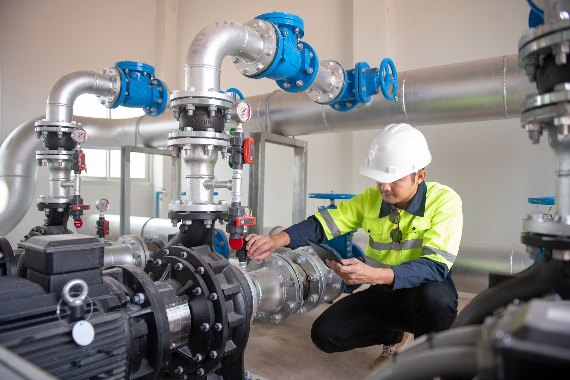 A man is working on a water pump in a factory.