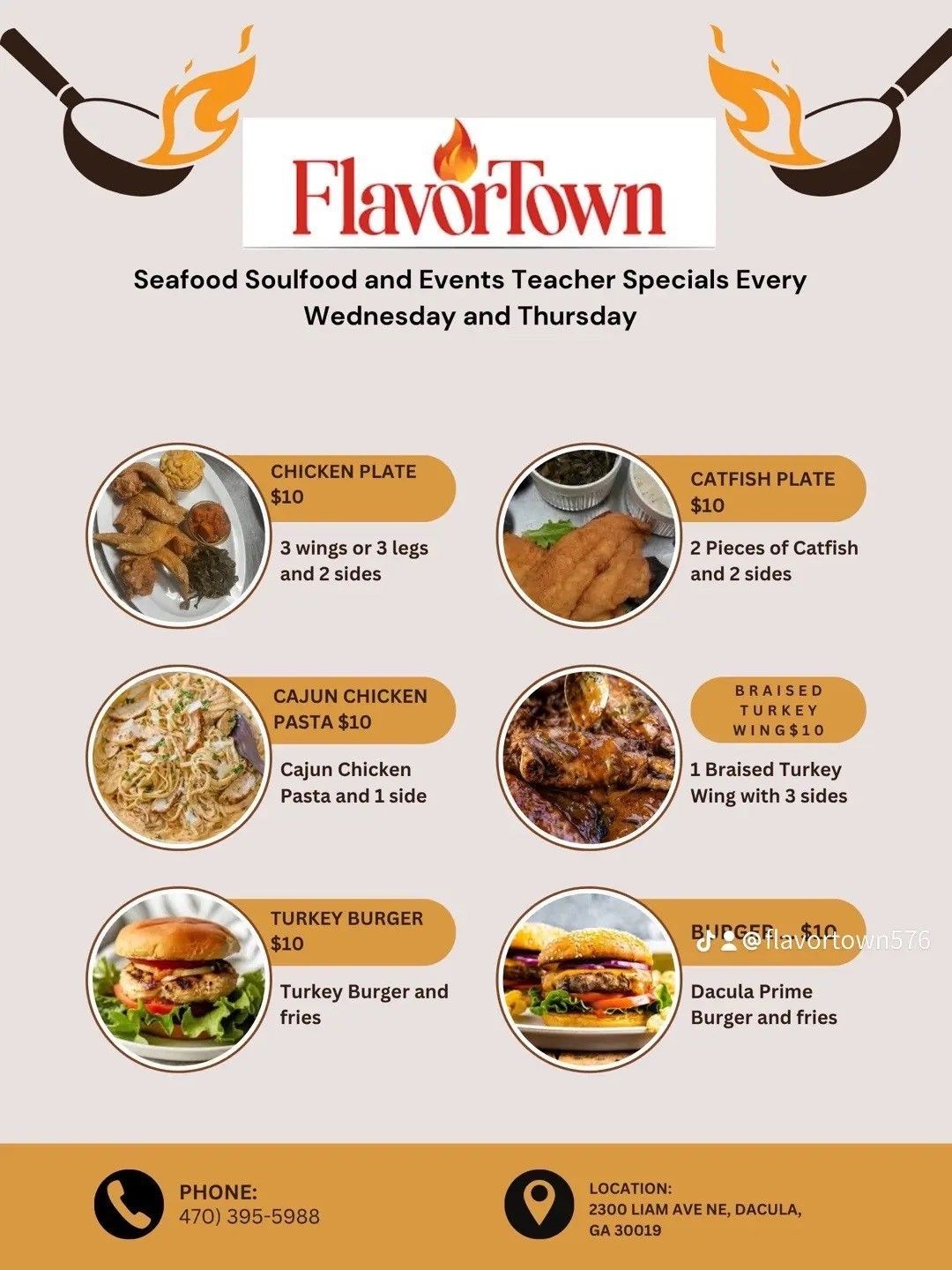 Flyer for FlavorTown restaurant with weekly specials: seafood, soul food, and teacher specials.