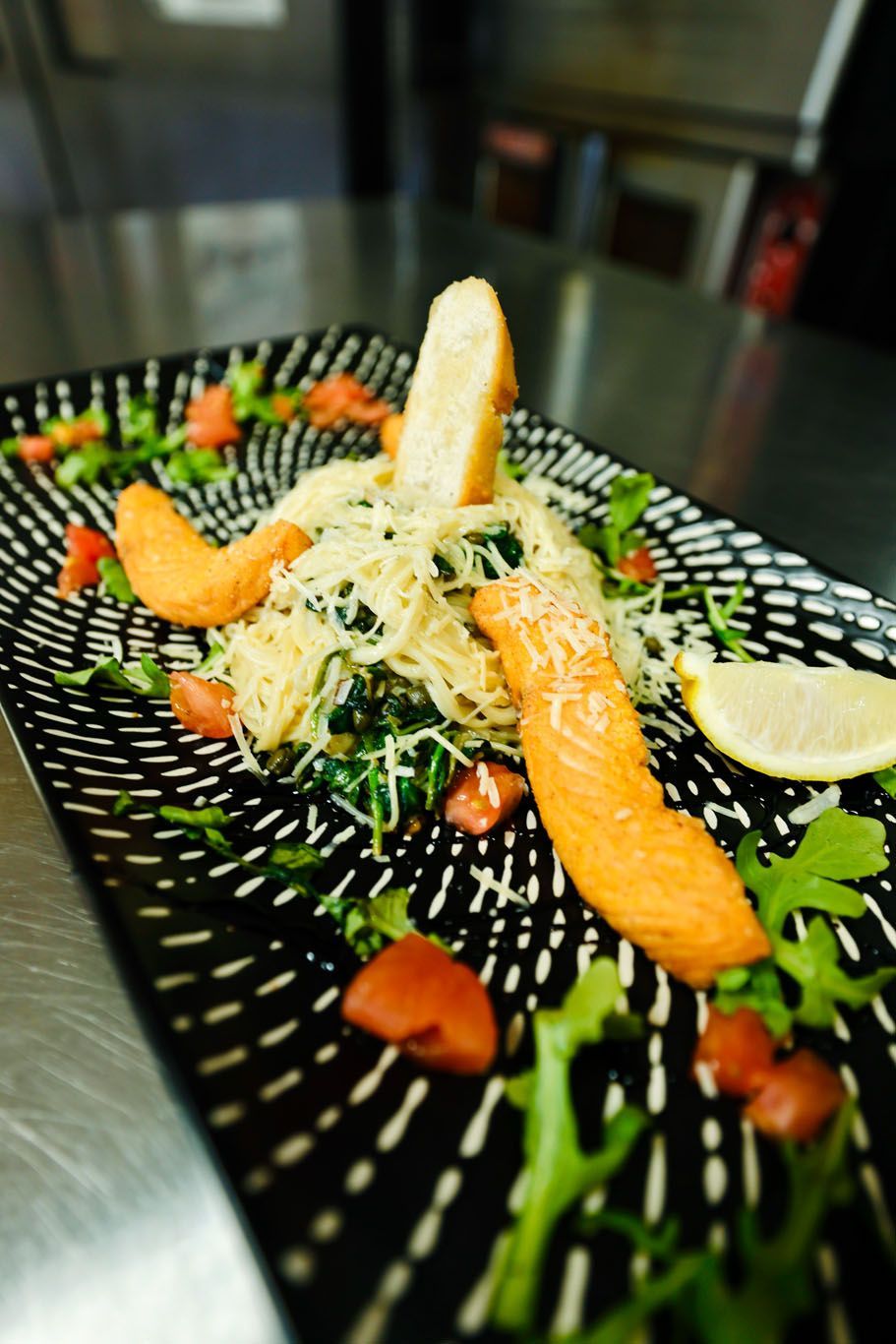 A close up of a plate of food on a table.