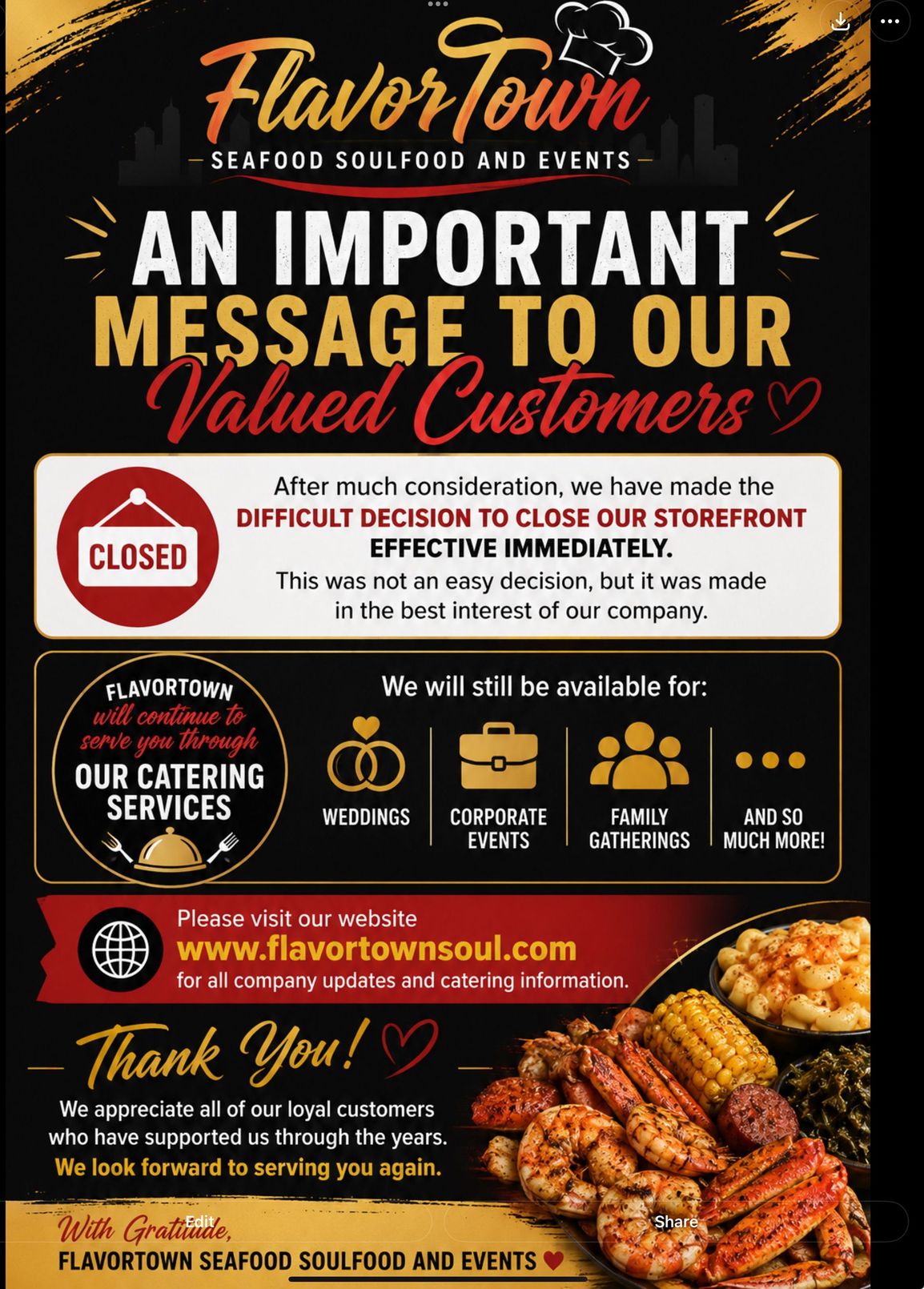 FlavorTown notice: restaurant closed, catering available, with contact details and food photos on a black-orange flyer