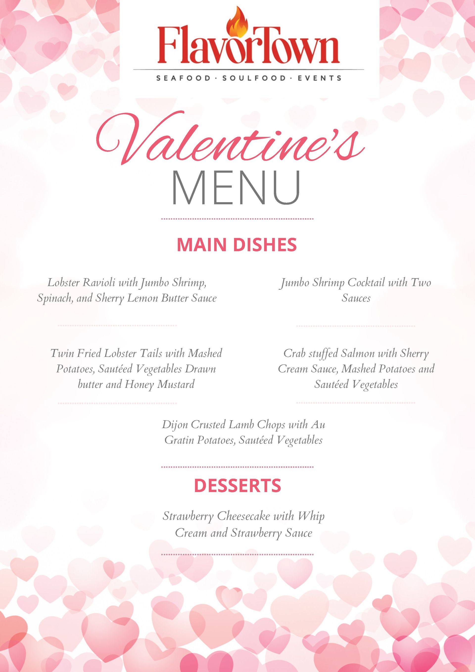 Valentine's menu from Flavor Town restaurant with main dishes and desserts. 