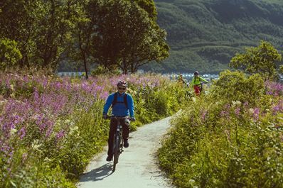 Fietsers in de natuur in Noorwegen