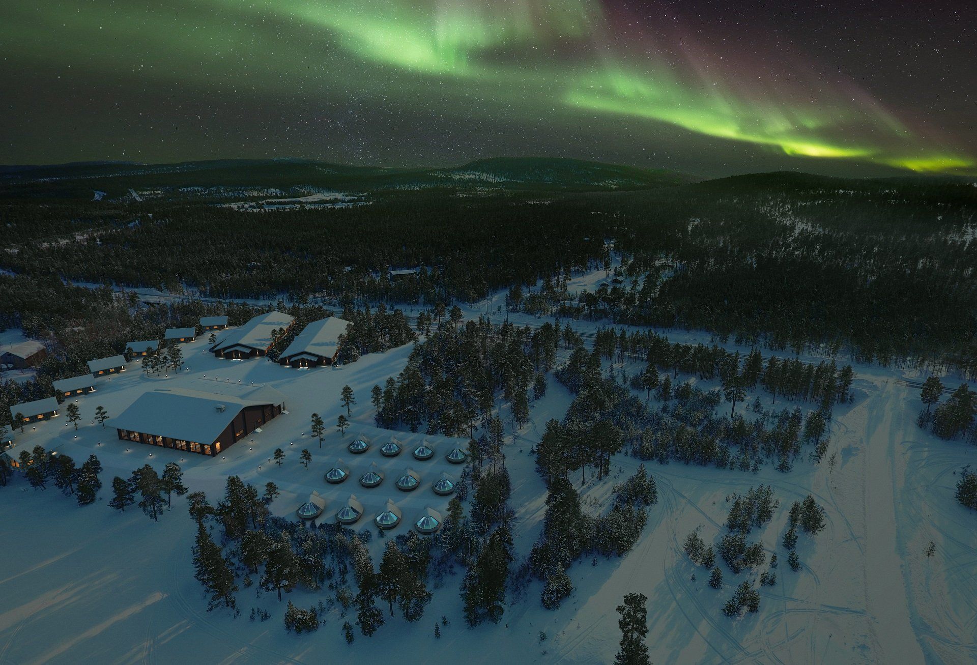 Noorderlicht boven het Wilderness hotel Inari Lapland