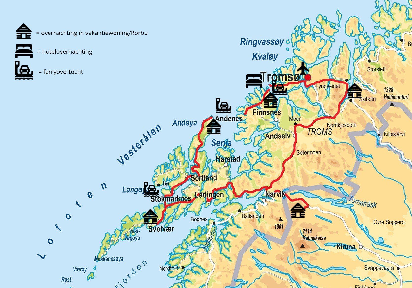 Een kaart van Noorwegen met een rode lijn erdoorheen