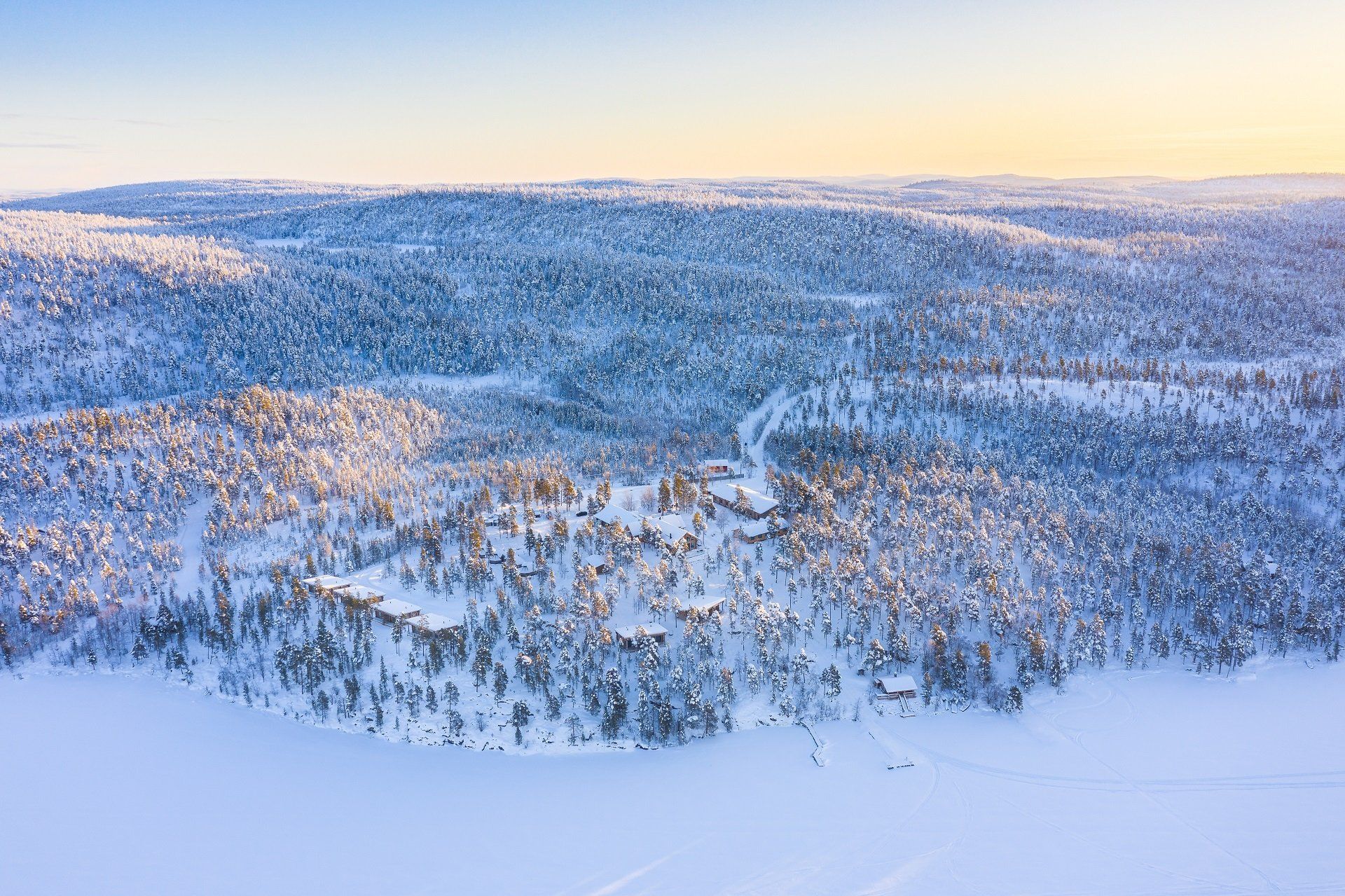 Een luchtfoto van een besneeuwd landschap met bomen en bergen bedekt met sneeuw.