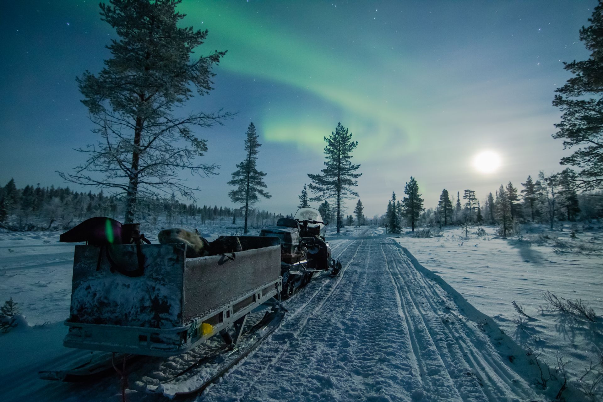 Noorderlicht tijdens een sneeuwscootersafari in Lapland
