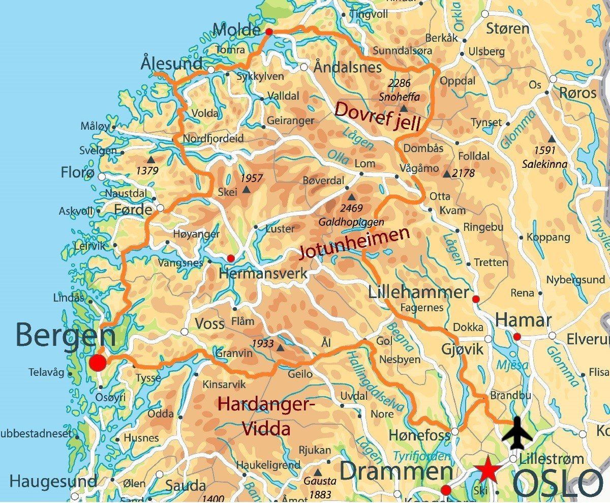 Een kaart met de locatie van Bergen en Oslo