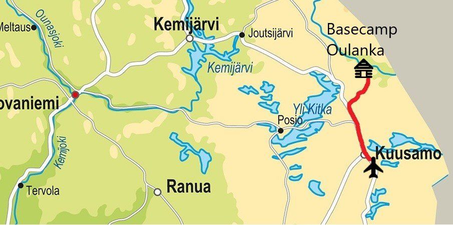 Een kaart met de locatie van een basiskamp in Finland