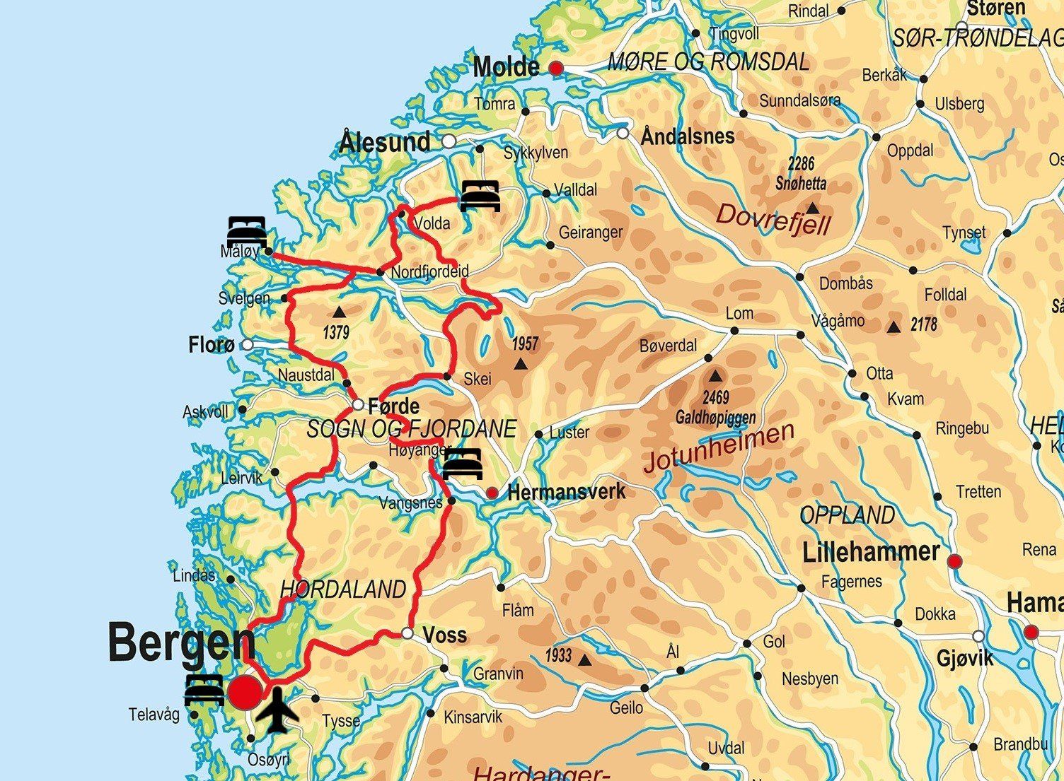 Een kaart met de locatie van Bergen in Noorwegen