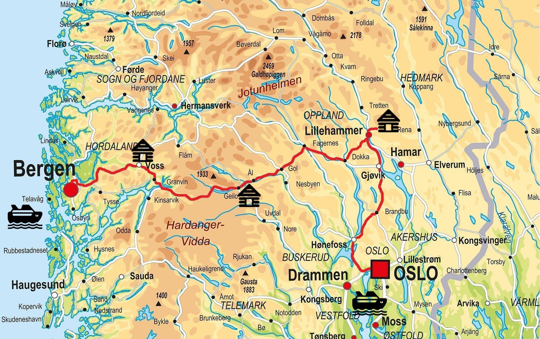 Een kaart met een route naar Bergen en Oslo