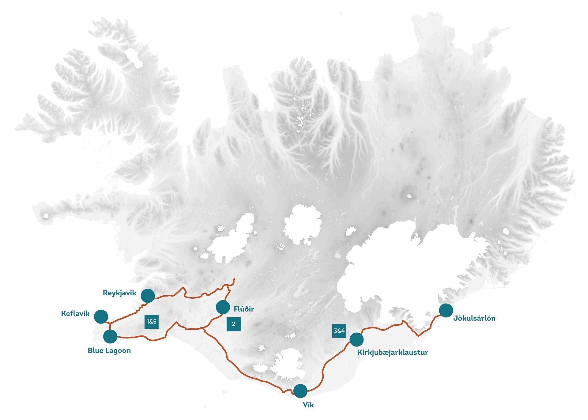 Een kaart van IJsland met een rode lijn die de route aangeeft.