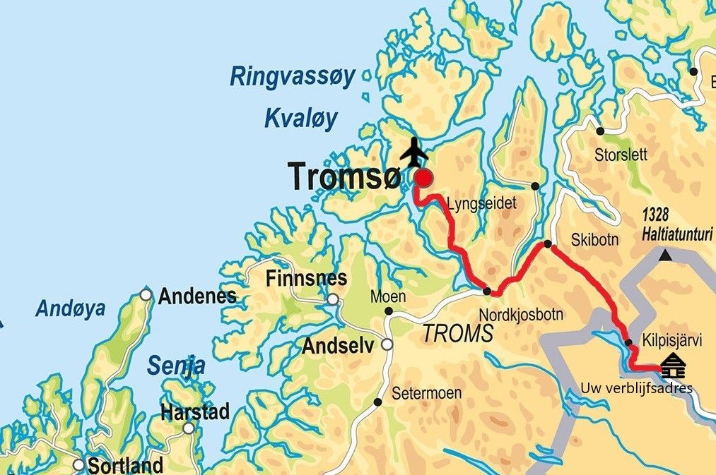 Een kaart met de locatie van Tromso in Noorwegen