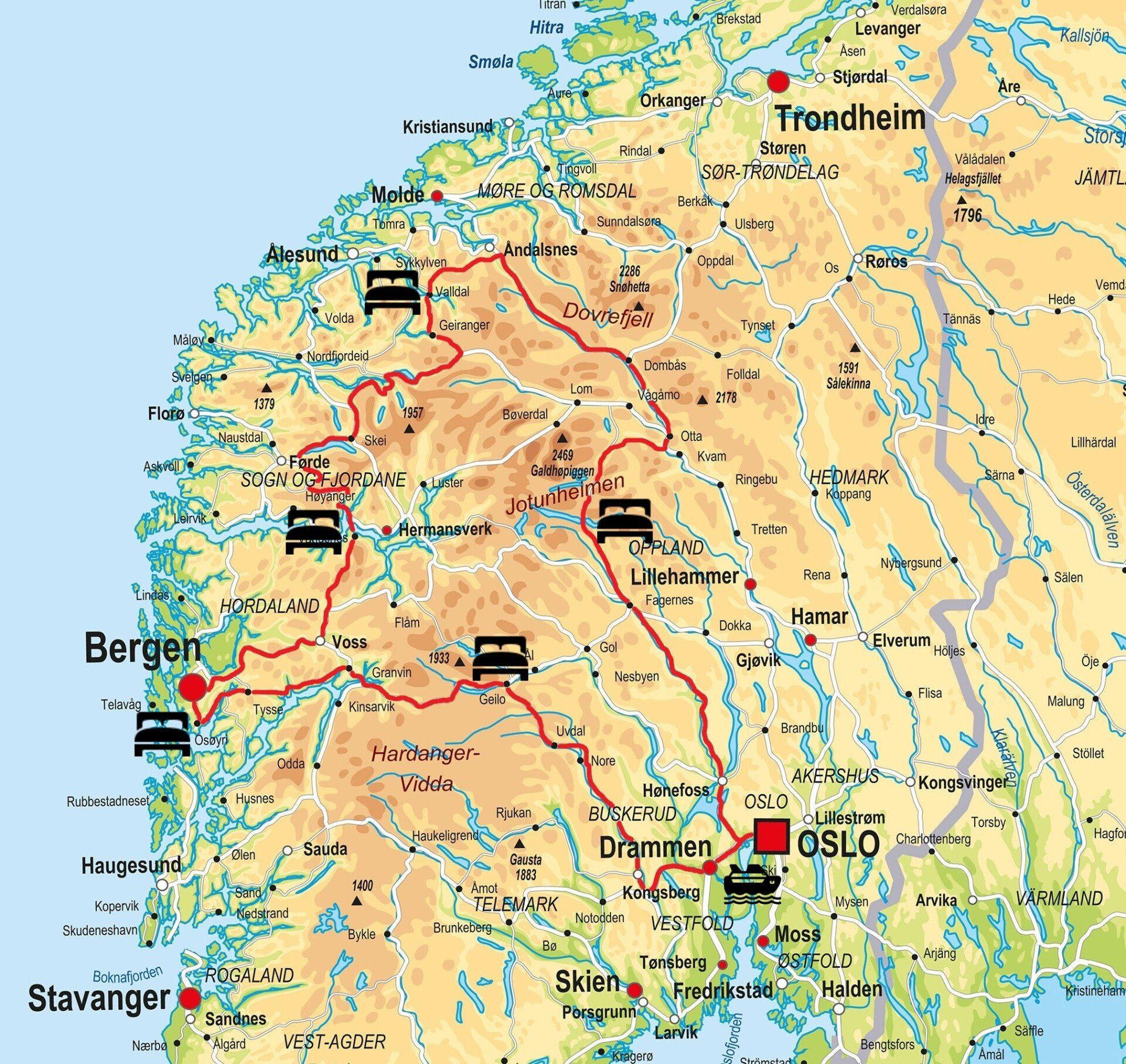 Een kaart van Noorwegen toont Bergen en Oslo