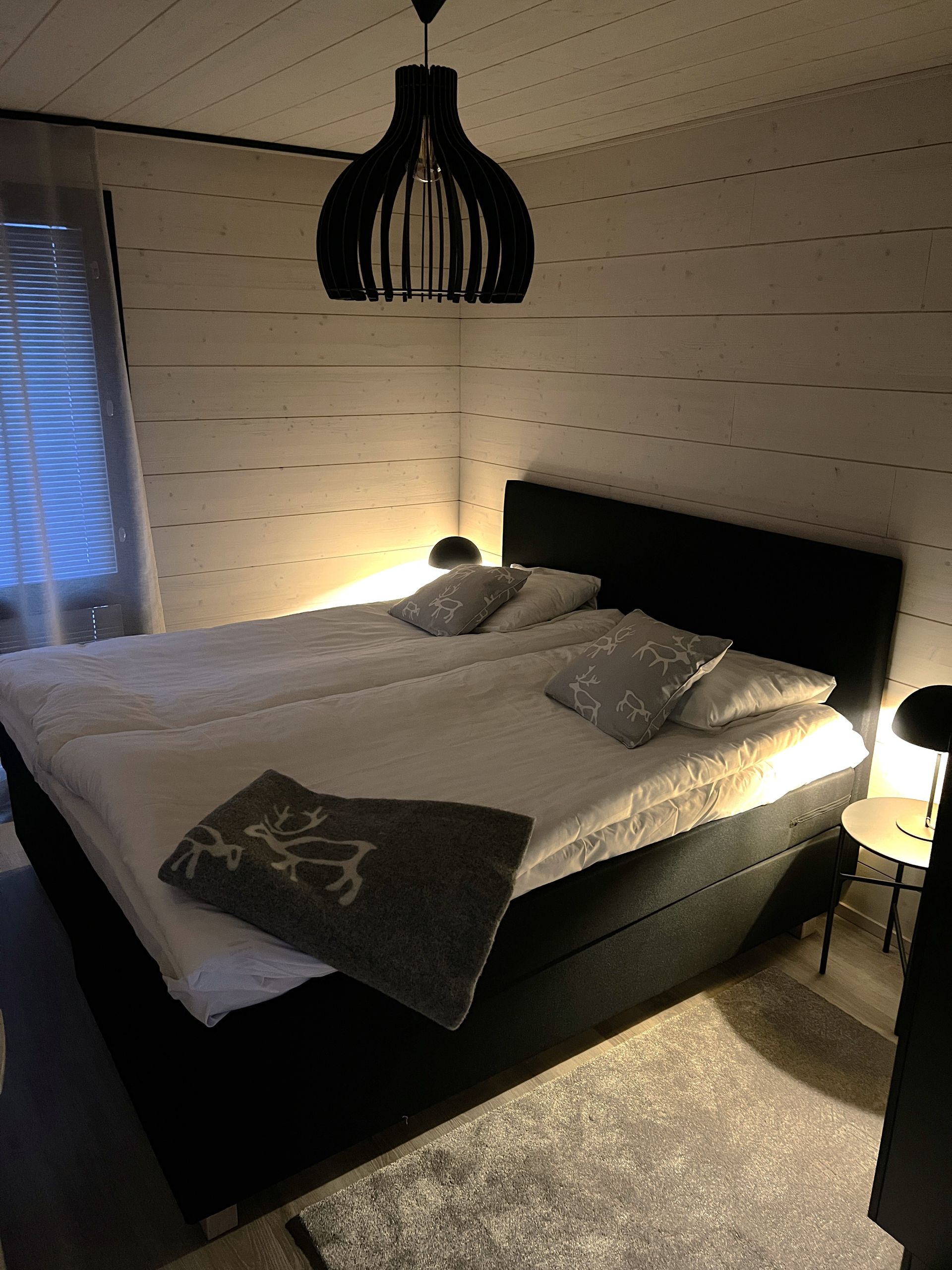 Een slaapkamer met twee bedden en een lamp die aan het plafond hangt.