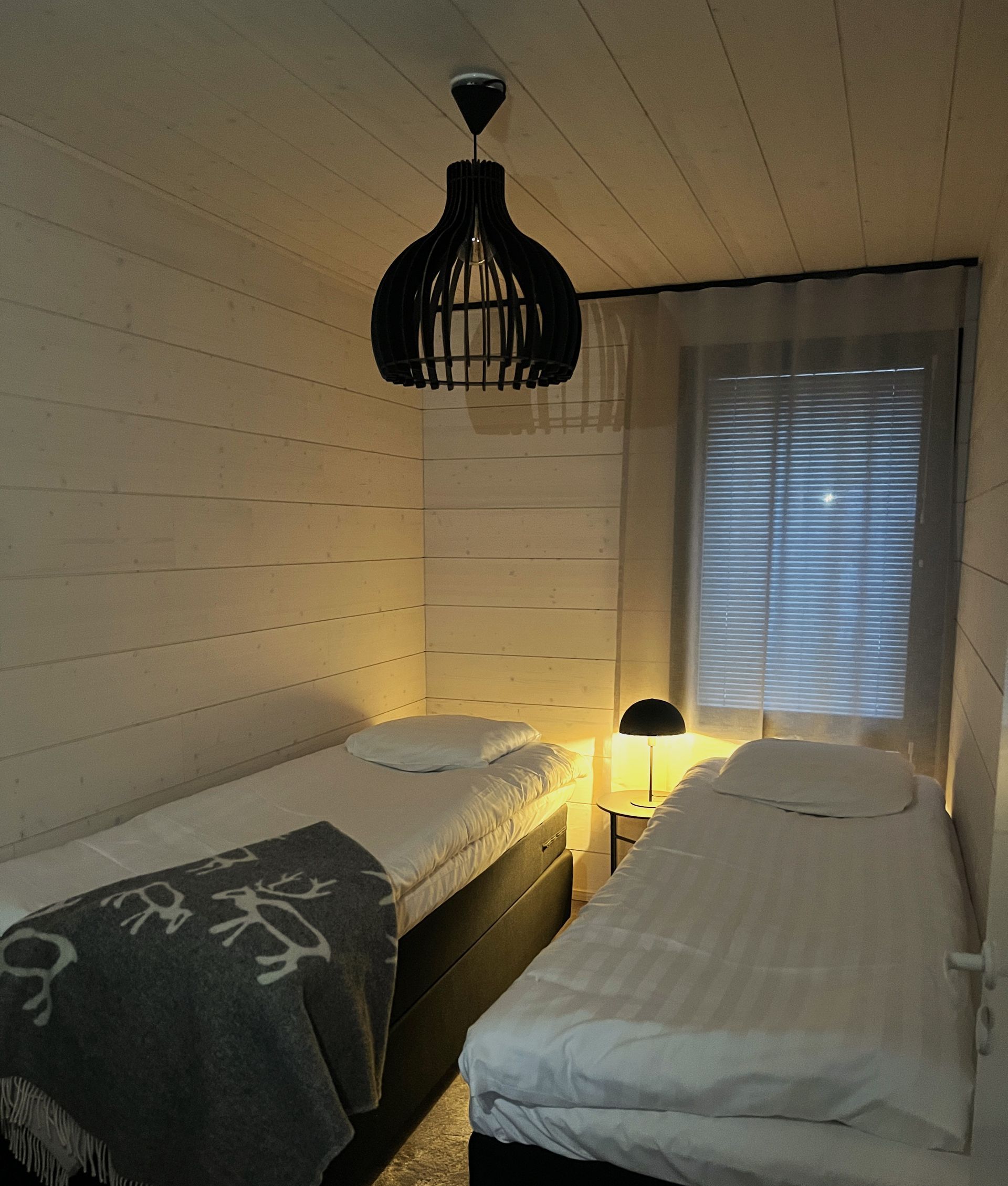 Een slaapkamer met twee bedden en een lamp die aan het plafond hangt