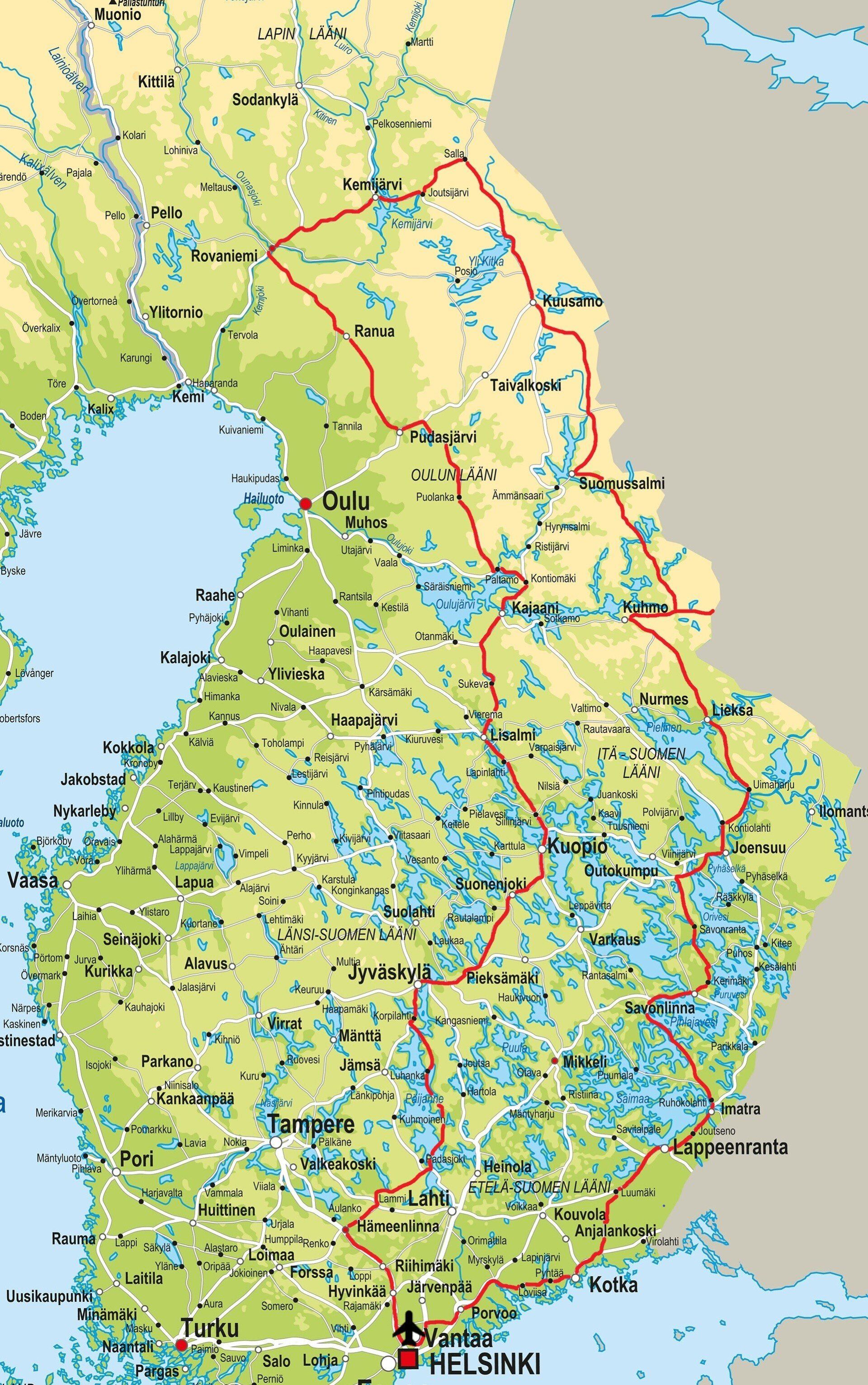 Een kaart van Finland met Helsinki in het midden