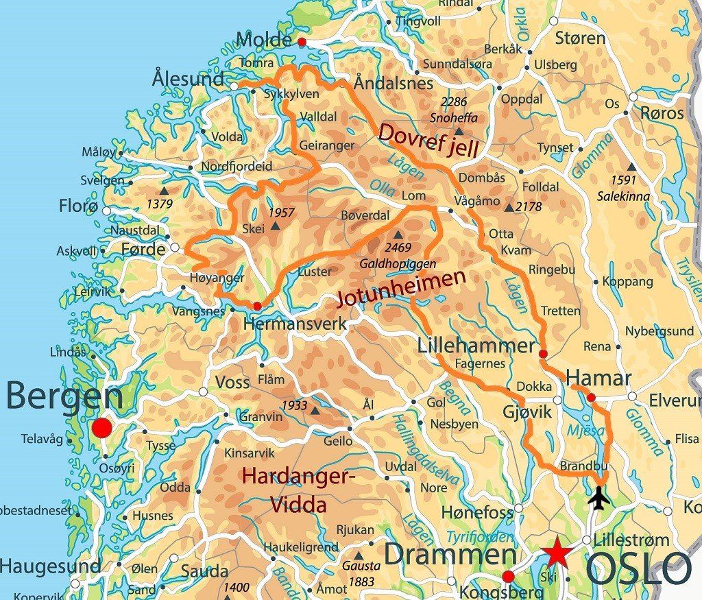 Een kaart met de locatie van Bergen en Oslo