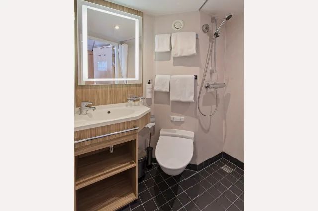 Een badkamer met toilet, wastafel, spiegel en douche.