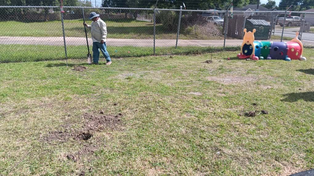 Person digging in grass, near fence, with colorful caterpillar play structure in the background.
