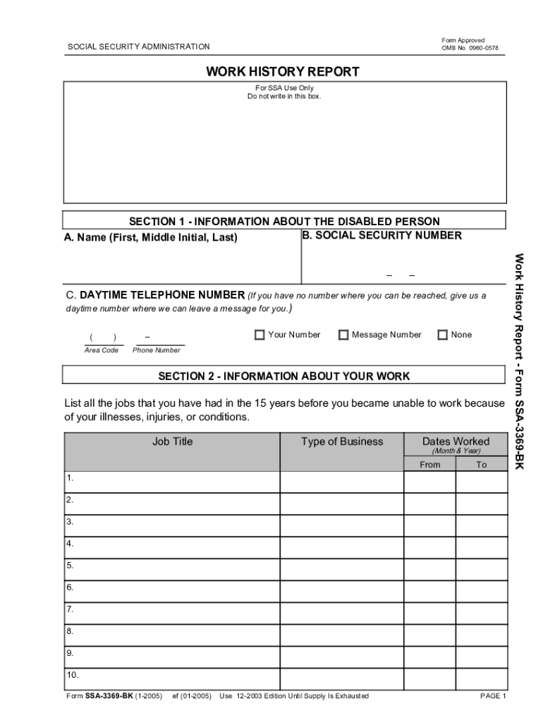 SSA disability form, with fields for personal information and work history.