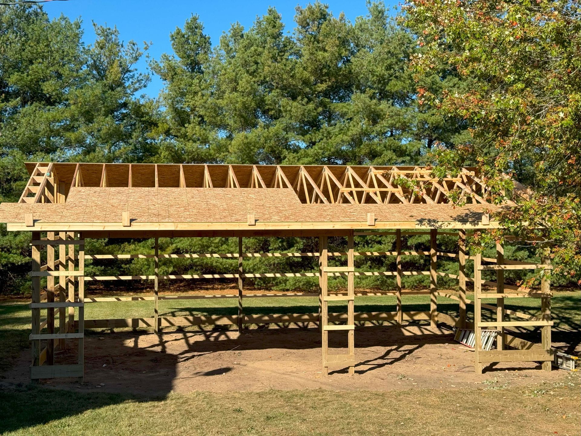 Wooden shed under construction in a yard, roof partially completed with green trees in the background.
