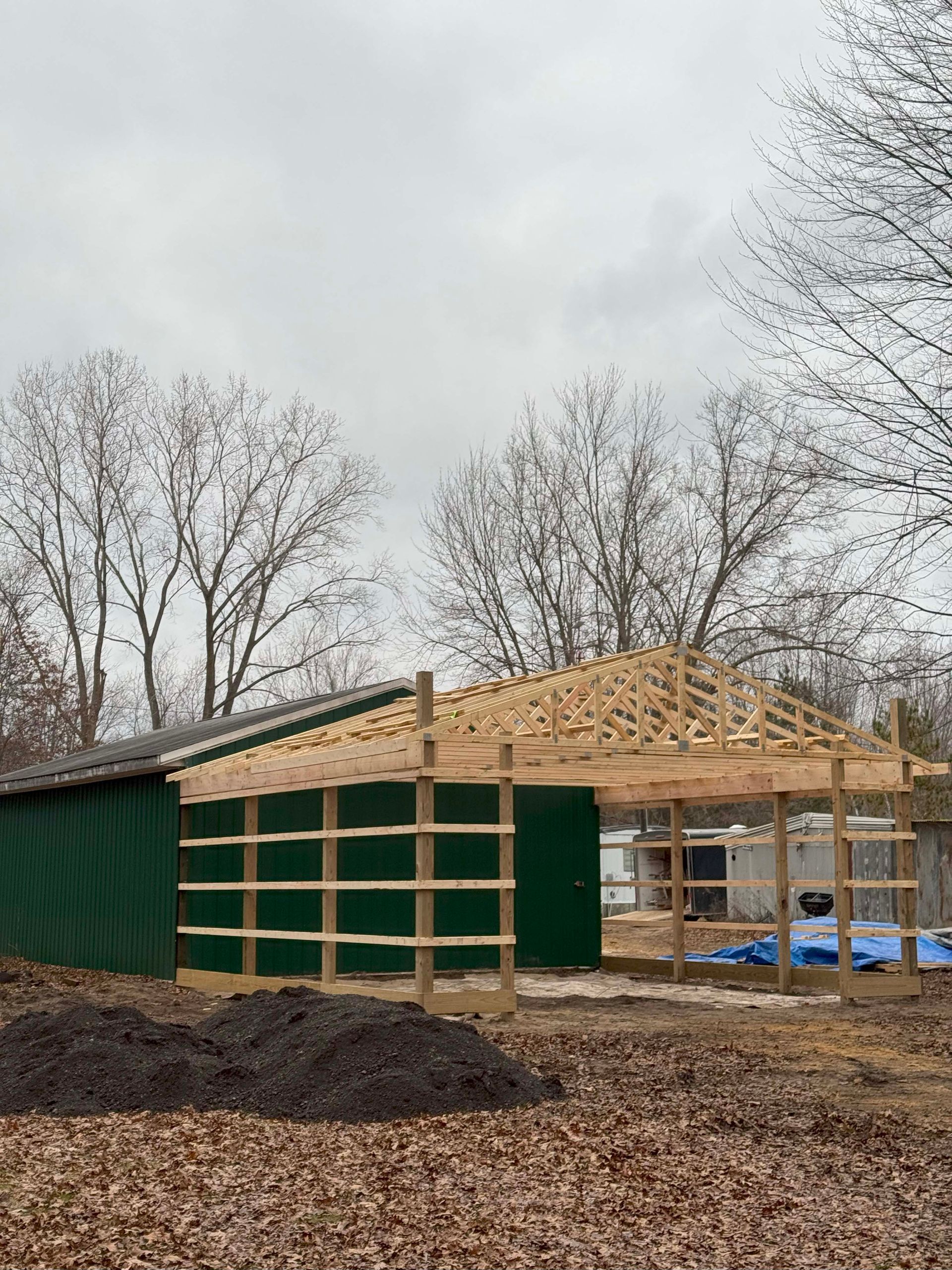 Green shed extension under construction with wooden framework and bare trees in background.