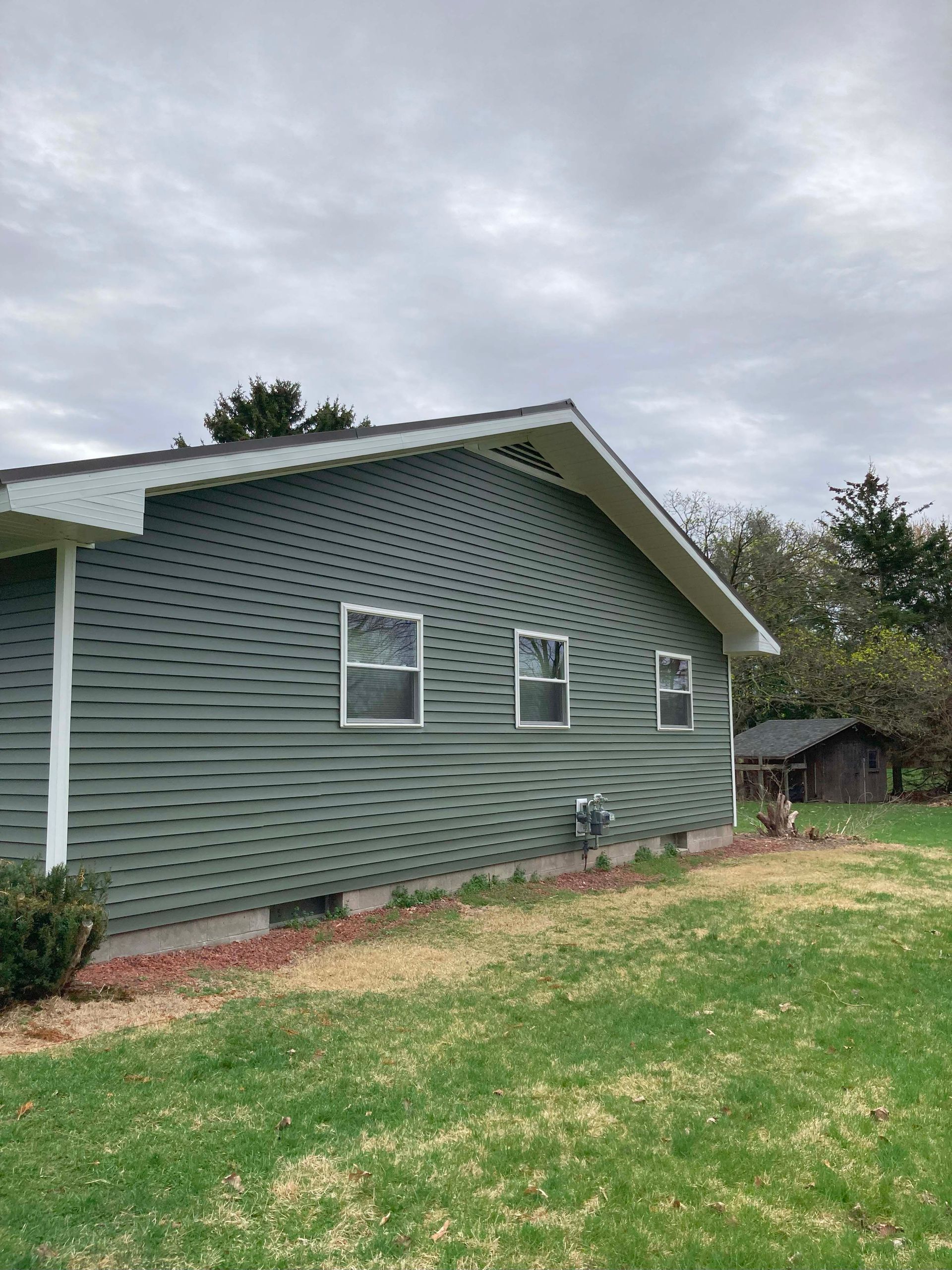 Green house with unique wave-like siding design, three windows, and a small shed in the yard on a cloudy day.