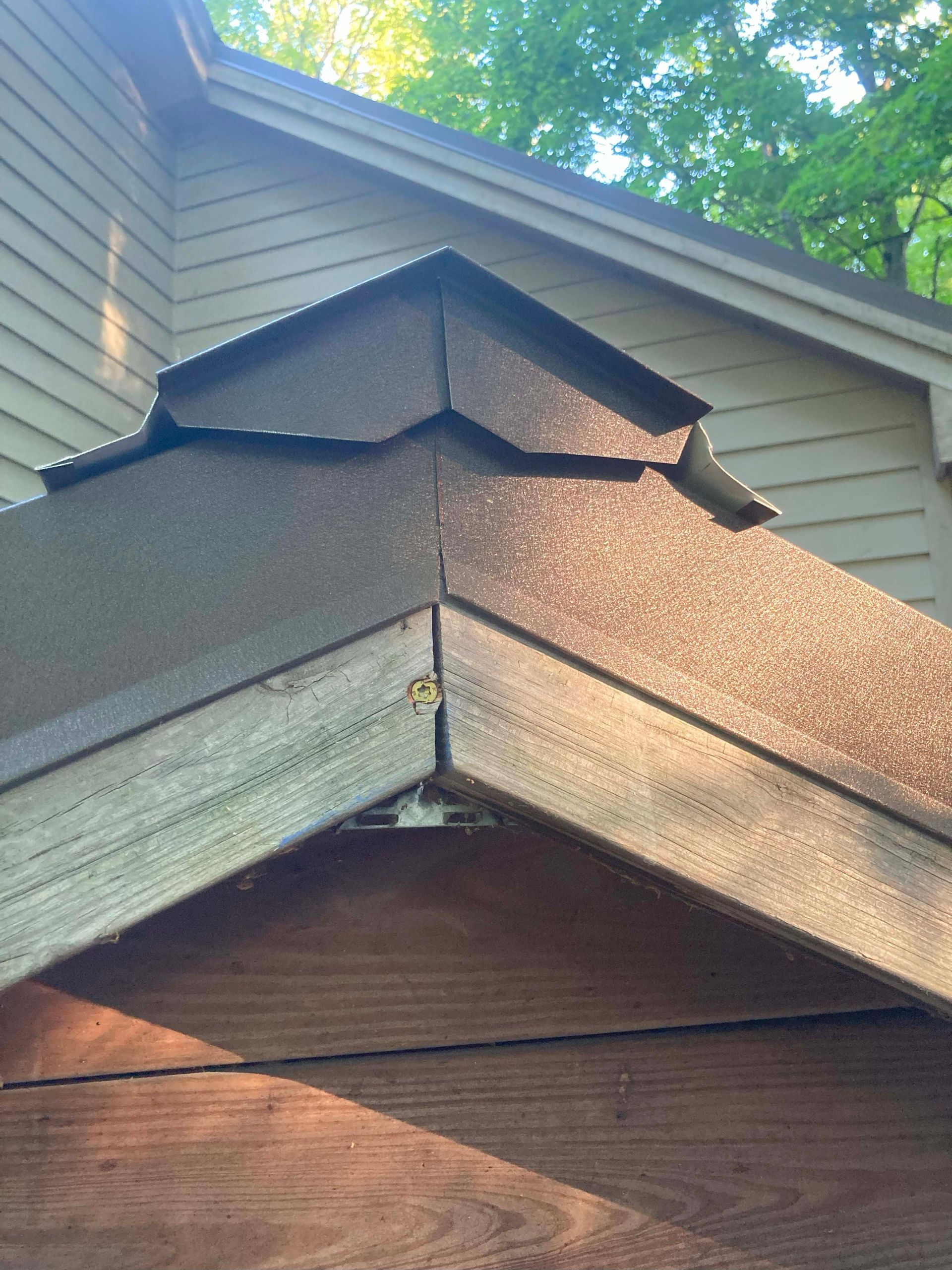 Wooden gazebo roof with dark brown shingles and a wasp nest.