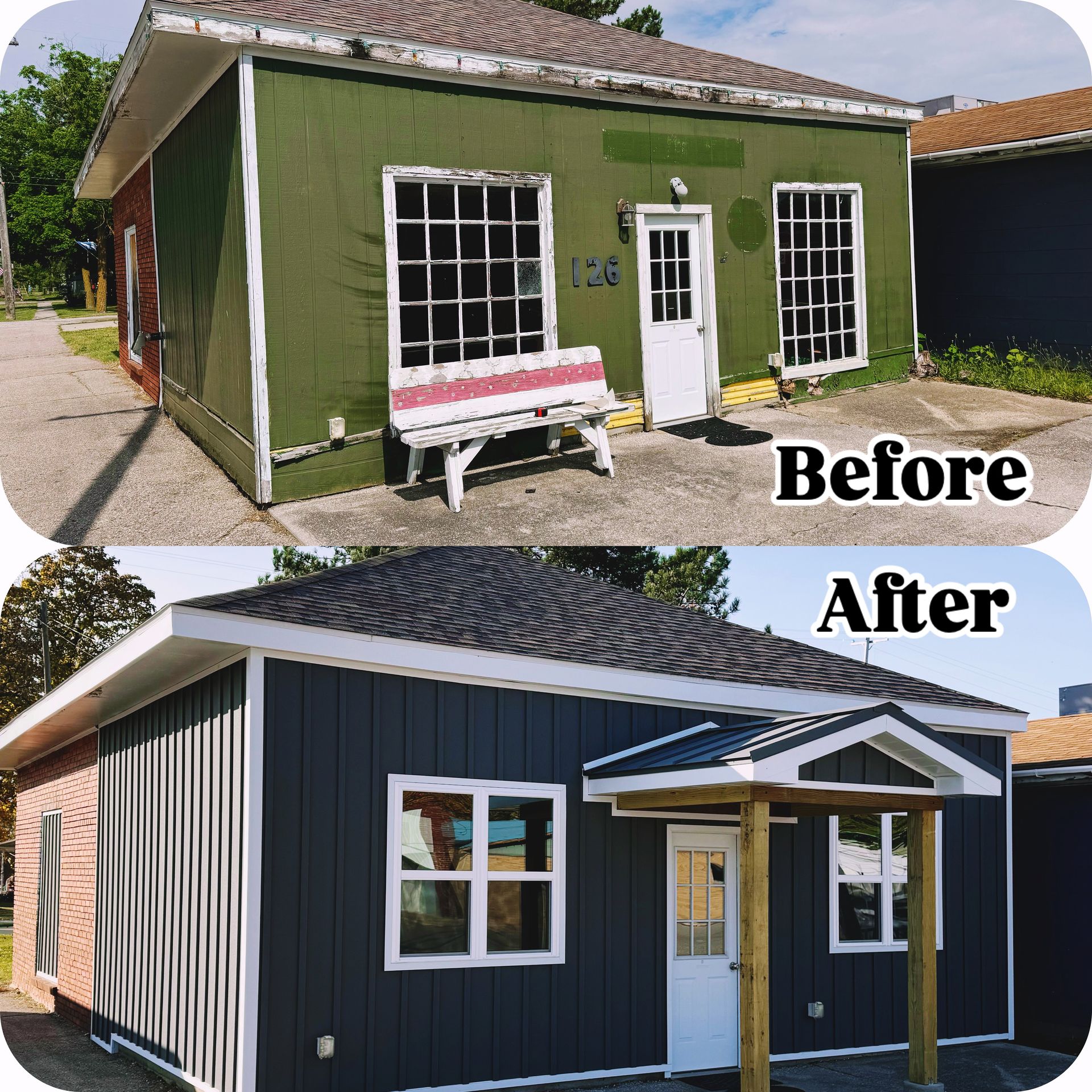 Before and after photos of a small building's renovation. Green and white building is transformed to a grey, white and brick one.