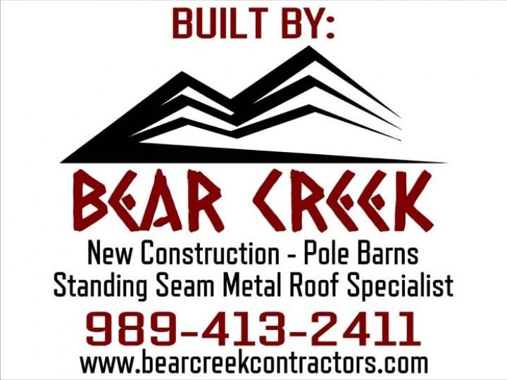 Logo for Bear Creek Contractors: black mountain peaks, red text, construction services, phone number, and website.