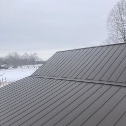 Gray metal roof on a cloudy day, snow-covered landscape in the background.