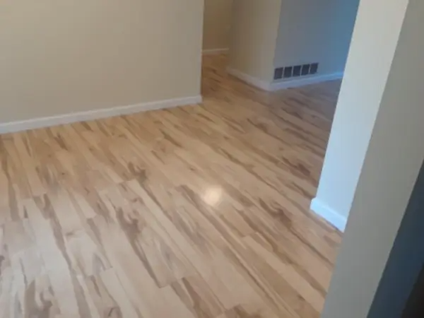 Light wood-look flooring in a room with off-white walls, white trim, and a doorway.
