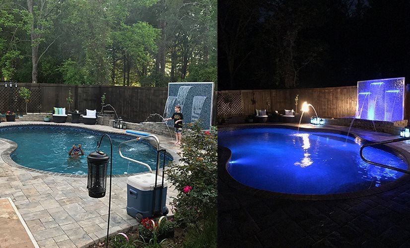 A before and after photo of a swimming pool lit up at night.