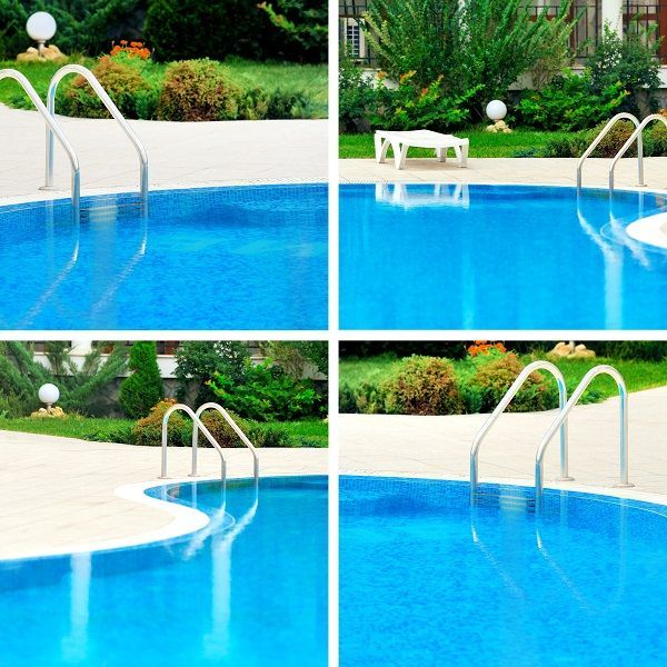 A collage of four pictures of a swimming pool