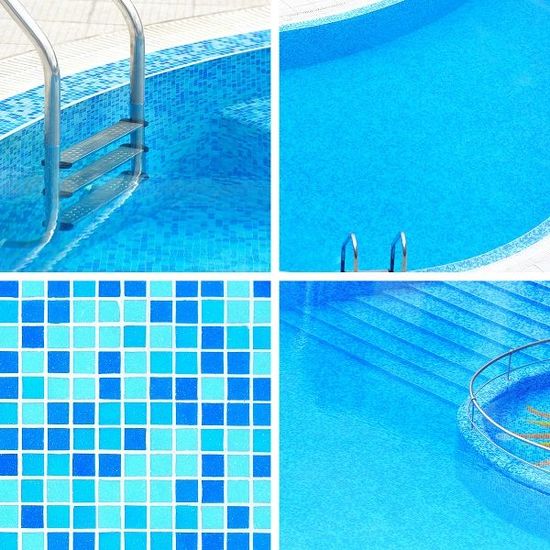 A collage of four pictures of a blue swimming pool