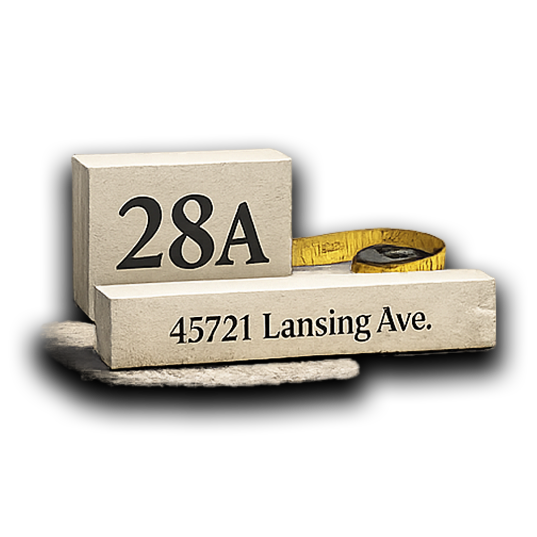 Stone address markers: 