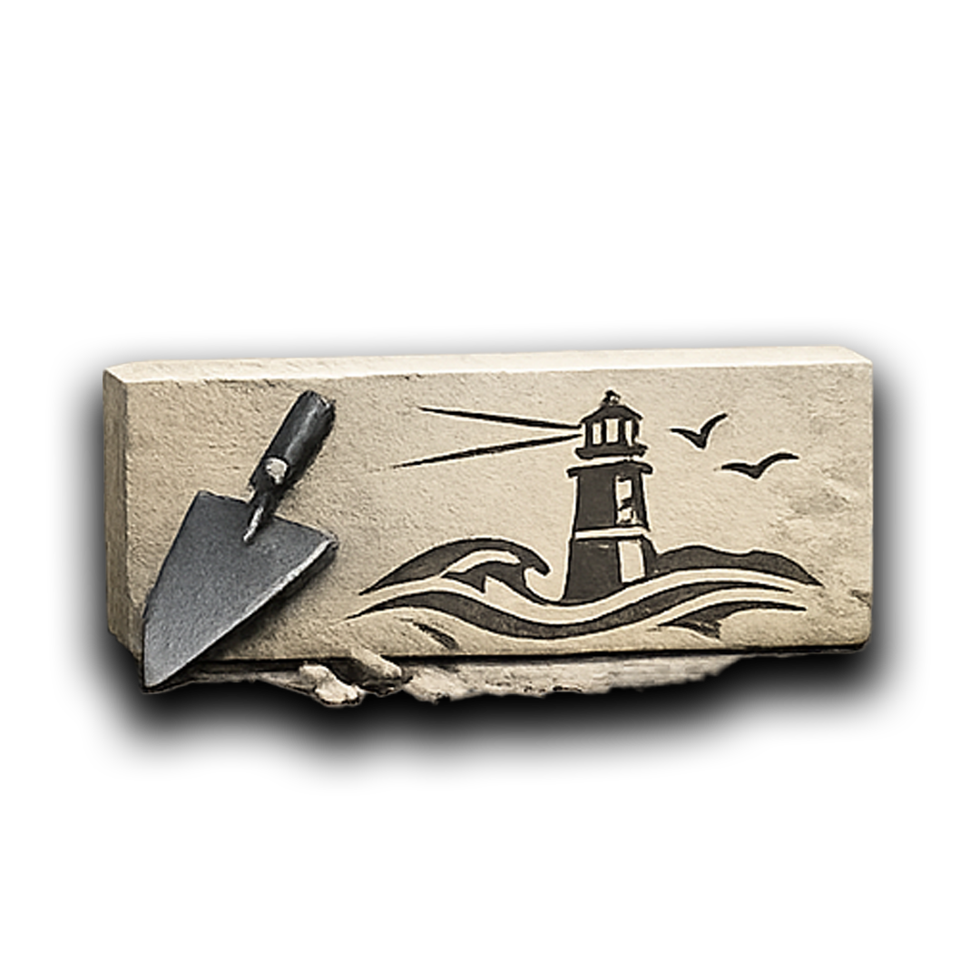 Stone brick with lighthouse carved into it and trowel leaning against the side.